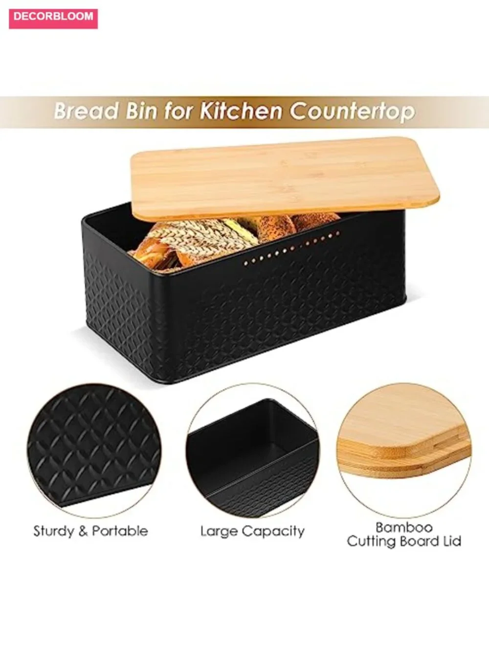 Metal Bread Box with Bamboo Lid Cutting Board Stainless Steel Kitchen Storage